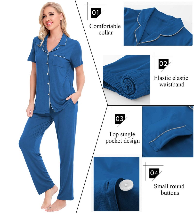 SWOMOG Women Pajama Sets Two-Piece Nightwear Short Sleeve Sleepwear Button Down Pj Lounge Sets with Long Pants Royal Blue - Image 3